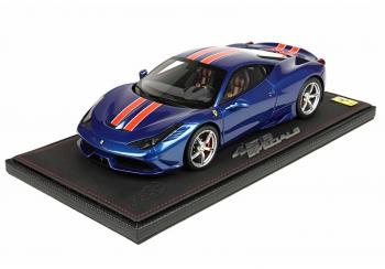 BBR : Retour sur la Ferrari 458 Speciale Bleu Azzuro California / bandes orange P1868BCAL 1/18