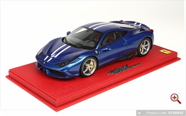 BBR : Nouveaut novembre 2014 : Ferrari 458 Speciale California Ref P1868STORE02 Bleu / bandes blanches / siges bicolores au 1/